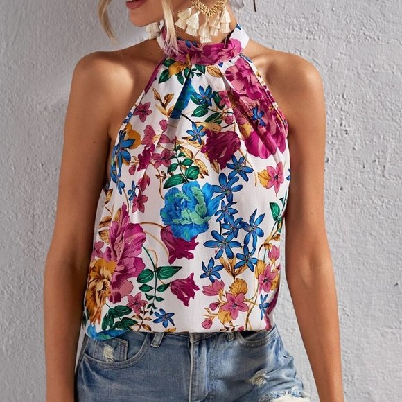 Multicolor Boho Floral Print Halter Neck Blouse - Picture 1 of 4